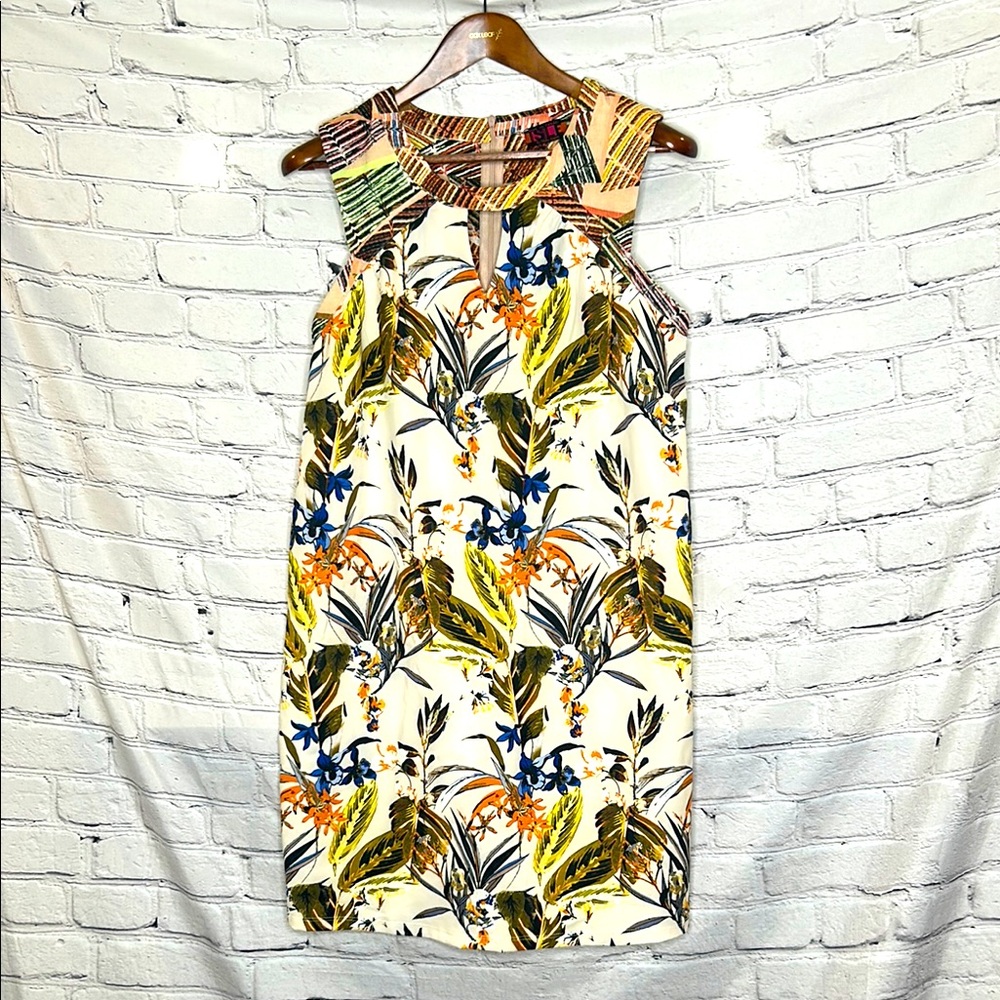 Isle By Melis Kazan Cream Green Floral Sleeveless Dress Size Large